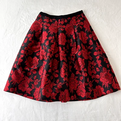 Talbots Mikado Skirt Petite 0 Red Black Brocade Floral Pleated Silk A-Line - Image 1 of 4
