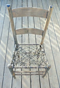 1800s Handmade Antique Wood Woven Leather Chair Primitive 19th century Furniture - Picture 1 of 7