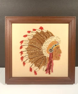 Stitch 'N Latch Indian Chief Wall Hanging 9.75” T x 10.25” W Handmade Vtg Framed - Picture 1 of 9