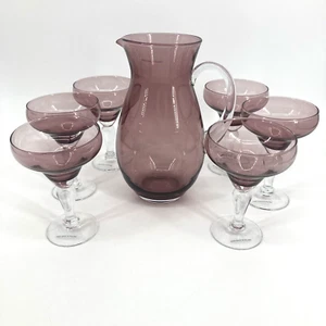 Poland Amethyst Purple Blown Glass Pitcher 6 Margarita Glasses Handmade Barware - Picture 1 of 15