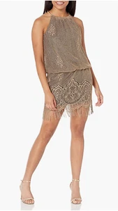S.L. FASHIONS Women's Blouson Halter Crochet Dress Flapper Fringe Sz 6 Gold NWT - Picture 1 of 4