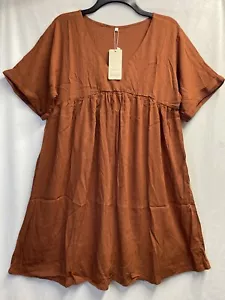CHVITY Linen Cuffed Short Sleeve V-Neck Empire Waist Dress Women Small Brown New - Picture 1 of 12