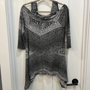Clara Sun Woo Women’s Cold Shoulder Tunic Size XS Black White Abstract Print - Picture 1 of 10