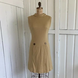 VTG 1970s SNYDER CRAFT Tan Beige Wool Blend Sleeveless w/ Pockets Mini Dress SM - Picture 1 of 6