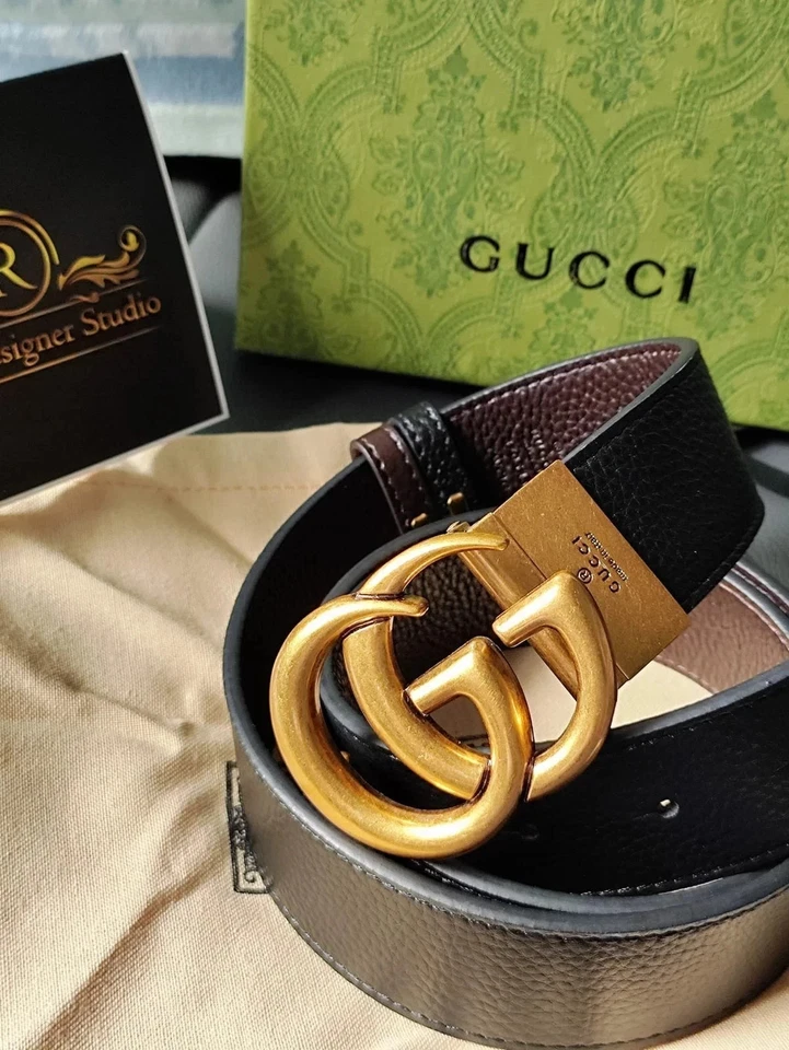 双面黑色/棕色皮革 Marmont Gucci 皮带金色 GG 110 US 38/40-免税 — 第 1/3 张图片