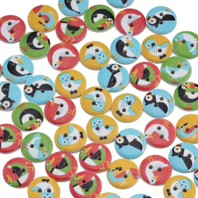 50PCS Painted Bird Theme Wood Buttons for Sewing, Scrapbooking, DIY Deocr 15mm - Image 1 of 4