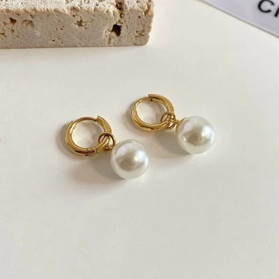 Woman 18K Gold Plated Simulated Pearl Earring Clip Hoop Huggie Drop Dangle% - Image 1 of 4