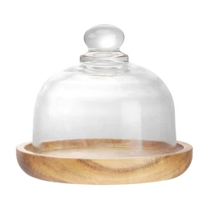 Wooden Cake Pan Round Tray with Lid Set Plate Glass Dome Cute Stand - Picture 1 of 5