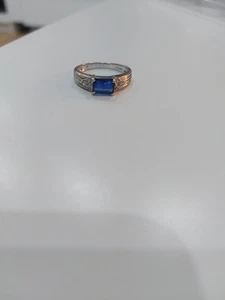 Blue Sapphire Emerald Cut & Diamond 9ct White Gold Sz N - Picture 1 of 7