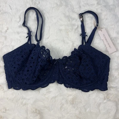 Victoria’s Secret Dream Angels 无内衬提升文胸海军蓝孔眼蕾丝 S.32DDD — 第 1/4 张图片