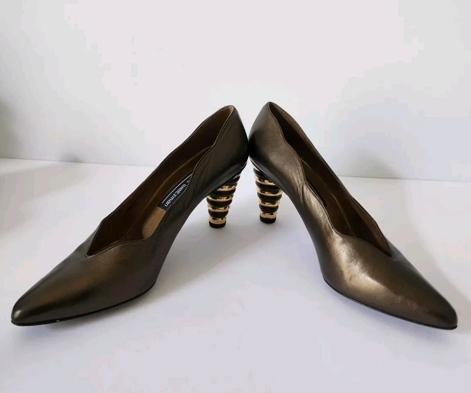 复古 80 年代 Stuart Weitzman 青铜泡泡堆叠高跟鞋浅口鞋 7.5 B 码 — 第 1/4 张图片