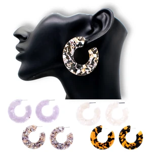 Acrylic Hoop Earrings Tortoise Shell Large Statement Stud Round Fashion Design - Picture 1 of 16
