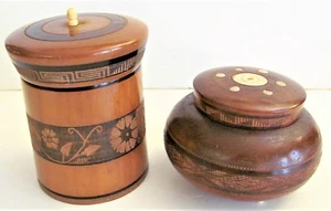 Lot of 2 VTG CARVED WOOD CYLINDRICAL TOBACCO Tea Boxes INLAID Inlay ON LIDS - Picture 1 of 9