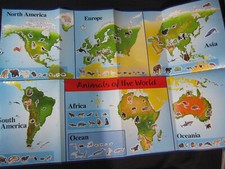 Folded Animals of the World Map with Stickers of Animals approx. 23X35 inches