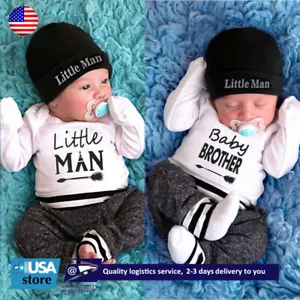 Newborn Baby Boys Romper Tops Trouser Hat Outfits Long Sleeve Pants Clothes Set - Picture 1 of 11