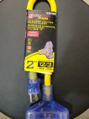 Heavy Duty 2ft 12 Gauge Lighted 3 Outlet Extension Cord 2' 12 3 In/Outdoor  - Image 1 of 4