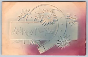 Happy New Year, Embossed Flowers, Horseshoe, Antique Airbrushed Postcard - Picture 1 of 2