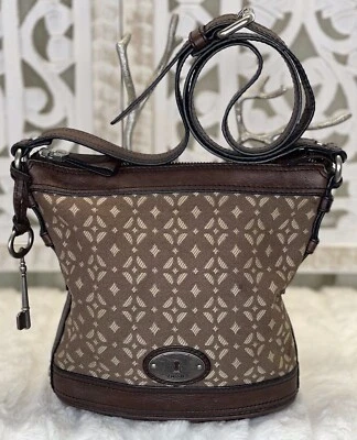 FOSSIL MADDOX Brown Leather & Canvas Messenger Crossbody Shoulder Bag Traveler - Image 1 of 4