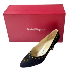 Salvatore Ferragamo Women 8.5 M Suede Leather Limited Edition Black Gold Heels - Picture 1 of 4