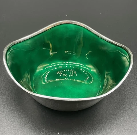CC Hermann Sterling Bowl Green Enamel Mid Century Modern Denmark 1949-1992 Candy Cover