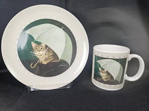 Vtg 1991 Lowell Herrero Vandor Plate & Mug, Tabby Cat under Umbrella, New/Mint - Picture 1 of 13