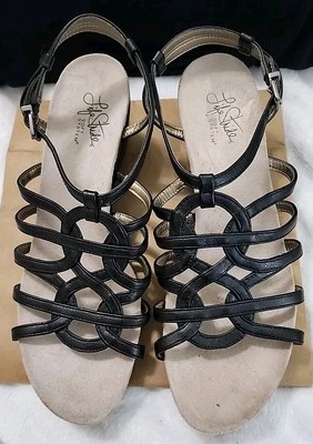 Sandalias LifeStride Neva de cuero negras para mujer talla 11 M zapato de cuña cómodo Foto 1 de 4