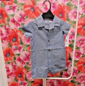 Carter's Child of Mine Baby Boy Blue Denim Romper One Piece Size 12 Months NWT - Picture 1 of 5