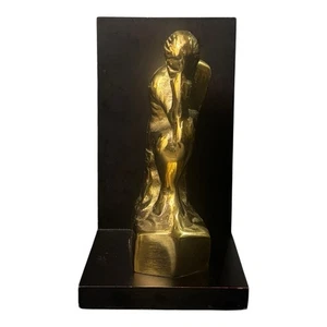 VTG Brass Thinking Man Bookend Wood Backing The Stinker Golden Sturdy MCM - Picture 1 of 8
