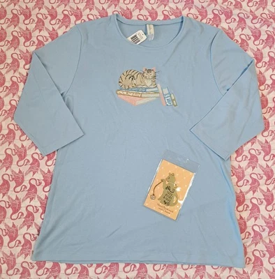 NWT Embroidered Cat Books Blue Shirt Top Gold Metal Bookmark Naps Cracker Barrel - Image 1 of 4