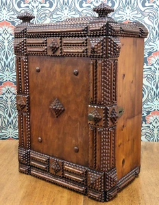 Large 19th Century Antique Chip Carved Tramp Folk Art Cabinet Chest Box 53cm - Picture 1 of 12