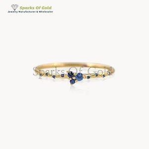Natural Blue Sapphire Thin Band Ring 14k Yellow Gold Minimalist Jewelry Gift - Picture 1 of 1