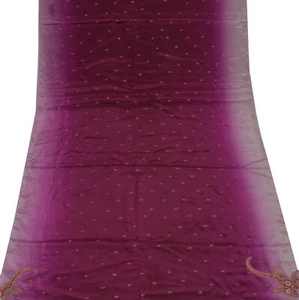 Sushila Vintage Purple Sari Remnant Scrap Blend Silk Embroidered Craft Fabric - Picture 1 of 5