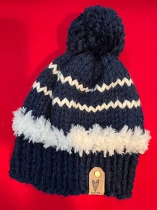 Blue & Cream w/ faux fur trim  , Handmade Knit Adult Hat, Removable Pompom, NEW - Picture 1 of 1
