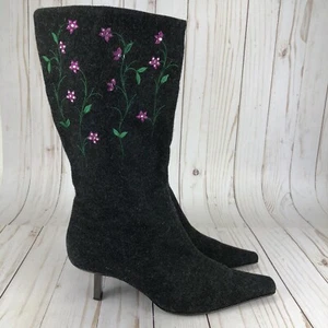 Bruno Magli Mid Calf Boots Low Heels Pointed Toe Gray Felt Wool Floral Size 7 - Picture 1 of 12