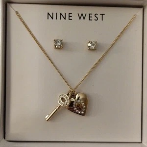 Nine West Goldtone Lock Key 16"-18" Necklace Stud Earring Set - Picture 1 of 6