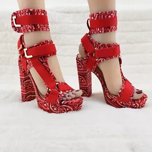 Red Bandanna 5.5" Chunky High Heel Harness Strap Shoe US Sizes 5.5-11 Bandana - Picture 1 of 7