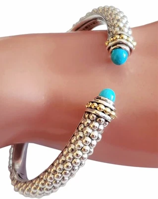 LAGOS Caviar Color 8mm Turquoise Hinged Cuff Bracelet 925 Silver 750 Gold - Image 1 of 4