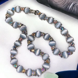 Vintage Cats Eye Moonstone AB Crystal Rhinestone Silver Tone Necklace 16” - Picture 1 of 6