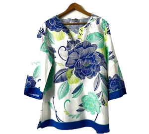 JM Collection 100% Leinen V-Ausschnitt verziert Blumen Tunika Top GROSSE 3/4 Ärmel - Bild 1 von 12