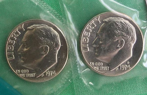 1974 P and D Roosevelt Dime 2 Coins from US Mint Set BU Cellos Ten Cents Two 10c - Picture 1 of 2