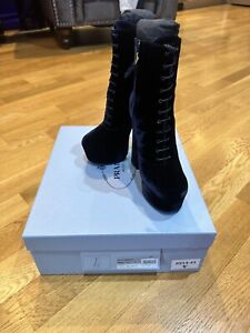 Prada Boots Womens High Sz 35 Navy Blue Velvet Material