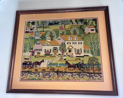 🐴Folk Needlepoint White House Framed Artwork Primitive Charles Wysocki - Image 1 of 4