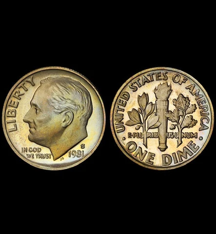 PR68DCAM 1981-S (T2) 10C Roosevelt Proof Dime, PCGS Secure- Pretty Album Toned Cover