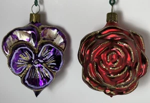Germany RED ROSE & VIOLET PANSY Flower Ornament Mercury Glass Gold Glitter Lot 2 - Picture 1 of 10