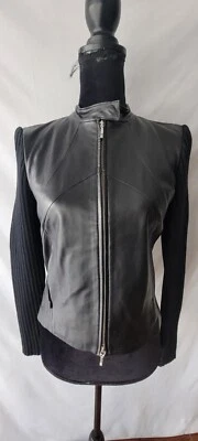 Elements by Vakko Vintage Leather Front Ribbed Wool Texture Zip Up Jacket Small  - Image 1 of 4