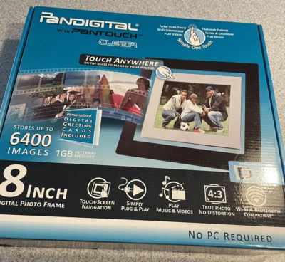 PANDIGITAL PANTOUCH CLEAR 8" DIGITAL PHOTO FRAME 1GB 6400 IMAGES FACTORY SEALED - Image 1 of 4