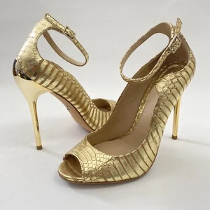 Brian Atwood Pumps Size 6 Gold Snake Print Pee Toe Ankle Strap Stiletto - Picture 1 of 20