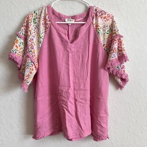 Umgee USA V-Notched Linen Top Double Layer Flutter Sleeves Frayed Unfinished L - Picture 1 of 9