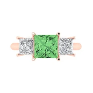 14K Rose Gold Three-Stone Engagement Ring, 2.5 ctw Simulated Green Diamond - Picture 1 of 11