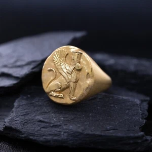 Solid 14k Yellow Gold Signet Ring with Persian Gopaitioshah - Picture 1 of 8